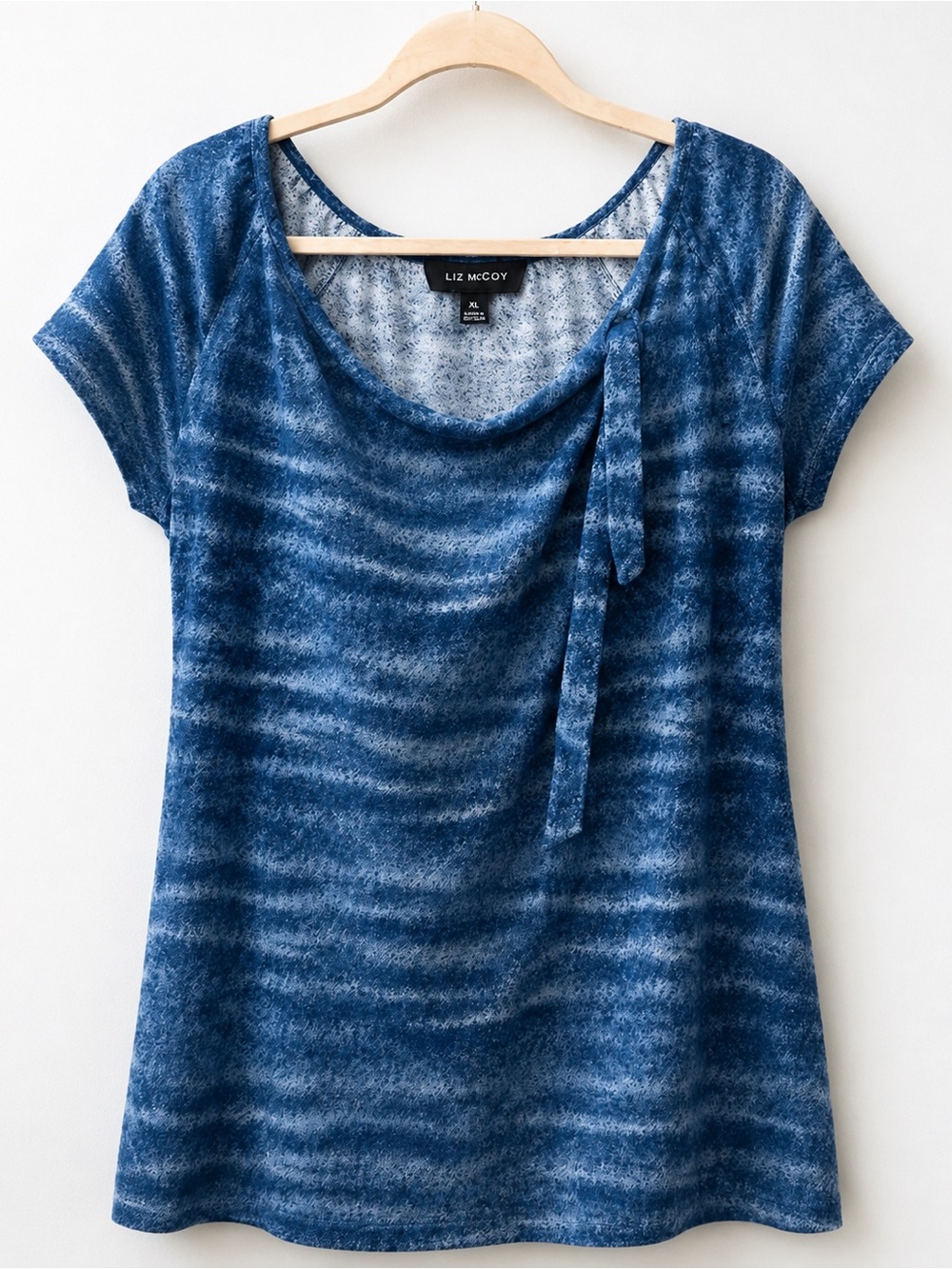 Liz Claiborne Blue Striped Short Sleeve Tie-Neck Tunic